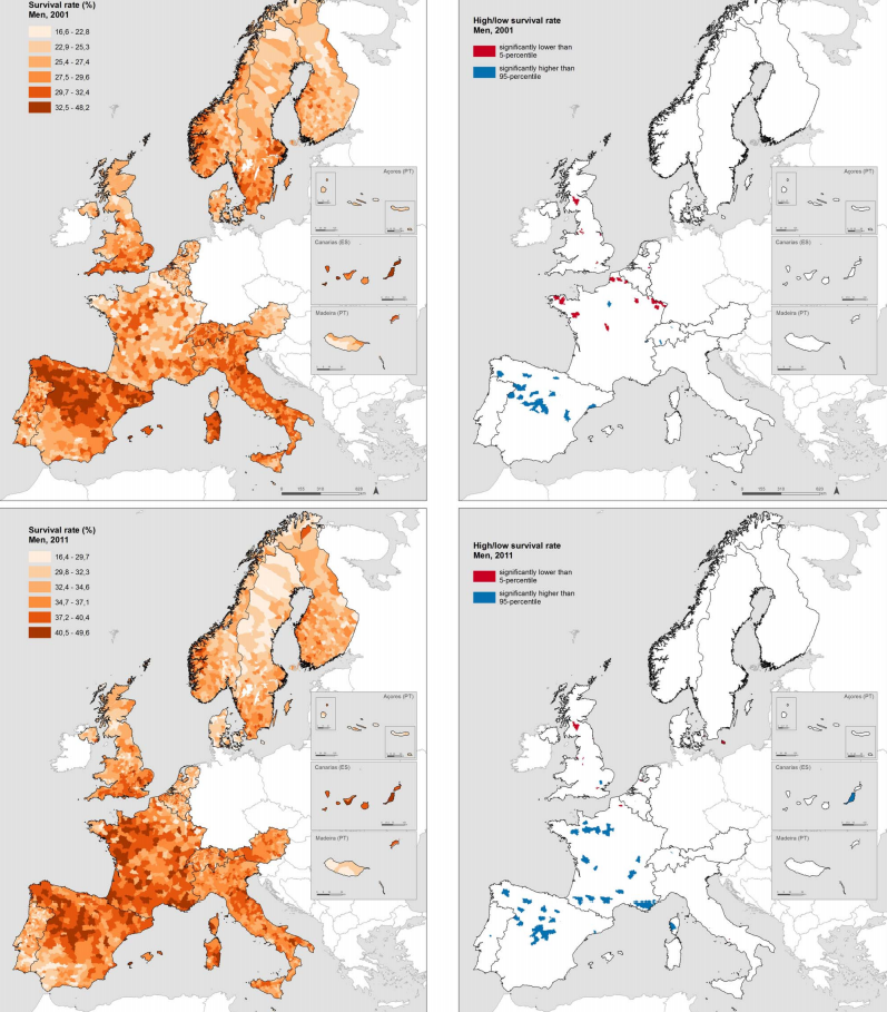 Spatial distribution of the 10-year survival rates across small areas of Europe in 2001 and 2011 (men). (A) Survival rates; (B) areas of high (above 95th centile) and low (below 5th centile) survival